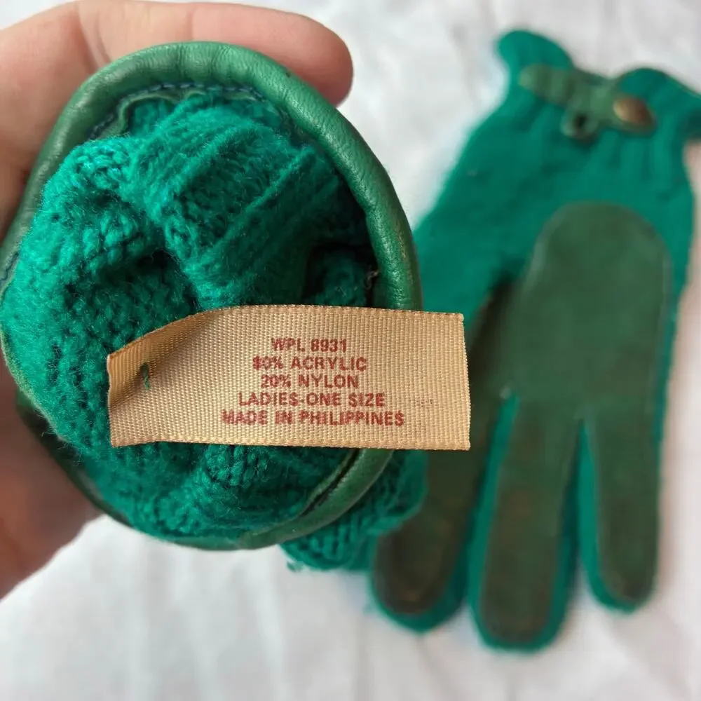 Vintage Forest Green Cable Lattice Knit Gloves Genuine Leather Trim Ladies OS